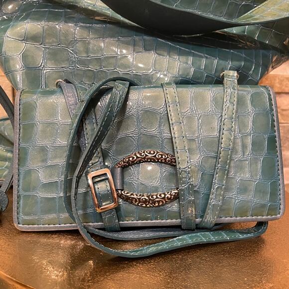 Brighton Cher Croc-Embossed Shoulder Bag Set | Turquoise Patent, Wallet + Strap - Picture 3 of 16